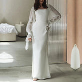 Women's Maxi Wedding Dress - Square Neck with Bishop Sleeves