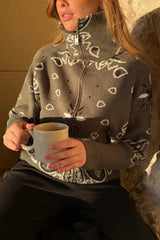 Fashionable Jacquard Turtleneck Long-sleeved Casual Zip-up Pocket Knit Top