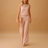 Women’s Wide Leg Jumpsuit – Round Neck Mid-Waist Fit for Elegant Styling