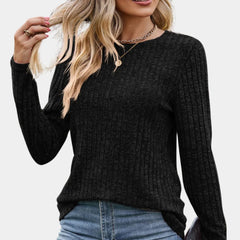 Women's Long Sleeve Top - Ribbed Round-Neck