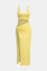 Solid Twist Front Cut Out Slit Midi Dress