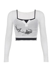 Butterfly Print Square Neck Ruched Crop Long Sleeve Knit