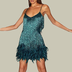 Feather-Trim Mini Dress – Statement Evening Silhouette