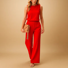 Women’s Wide Leg Jumpsuit – Round Neck Mid-Waist Fit for Elegant Styling