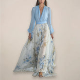 Women’s Long Sleeves Floral Maxi Dress – V-Neck Elegance