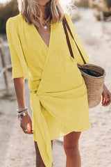 Women’s Wrap Linen Mini Dress – Asymmetrical Hem and Adjustable Fit for Summer
