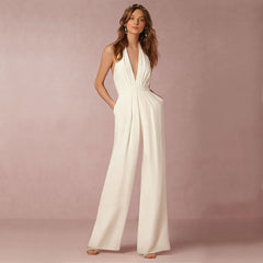 Women’s Wide Leg Jumpsuit – Deep V-Neck Sleeveless Design for Elegant Occasions