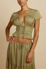 Sabrina Chiffon Lace Trim Button Up Short Sleeve Ruffle Plung Blouse
