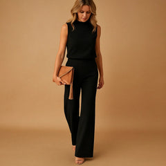 Women’s Wide Leg Jumpsuit – Round Neck Mid-Waist Fit for Elegant Styling