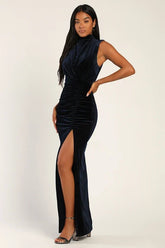 Alluring Image Navy Blue Ruched Velvet Mock Neck Maxi Dress