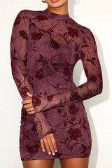 Seranda Burgundy Floral Mesh Mock Neck Mini Dress