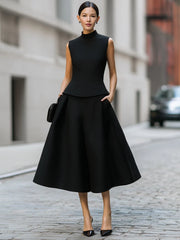 Sleeveless Mock Neck Top And A-Line Midi Skirt Set