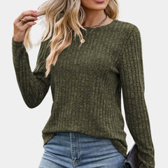 Women's Long Sleeve Top - Ribbed Round-Neck