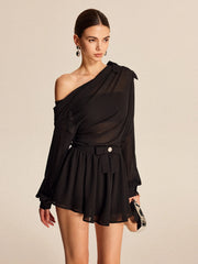 Semi-Sheer Chiffon One-Shoulder Bow Detail Skirt Set