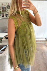 Solid Mockneck Tulle Cover Up Top with Crop Lace Camisole