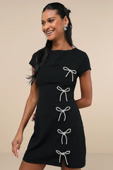 Endearing Sparkle Black Rhinestone Bow Mini Dress