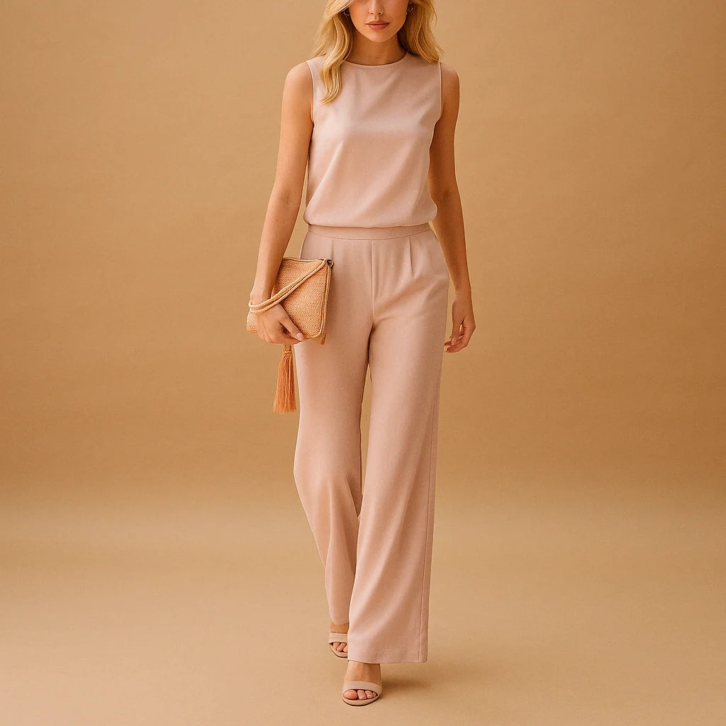 Women’s Wide Leg Jumpsuit – Round Neck Mid-Waist Fit for Elegant Styling