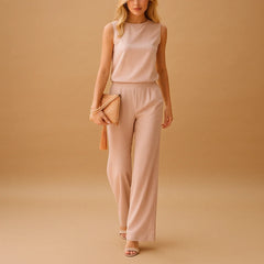 Women’s Wide Leg Jumpsuit – Round Neck Mid-Waist Fit for Elegant Styling