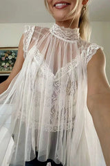 Solid Mockneck Tulle Cover Up Top with Crop Lace Camisole