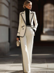 White Contrast - Trim Double - Breasted Suit Set