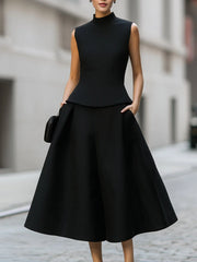 Sleeveless Mock Neck Top And A-Line Midi Skirt Set