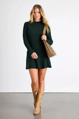 Adorable Intentions Emerald Mock Neck A-Line Mini Sweater Dress
