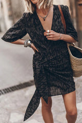 Women’s Wrap Linen Mini Dress – Asymmetrical Hem and Adjustable Fit for Summer