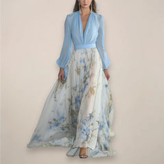 Women’s Long Sleeves Floral Maxi Dress – V-Neck Elegance
