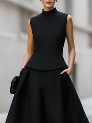 Sleeveless Mock Neck Top And A-Line Midi Skirt Set