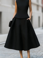 Sleeveless Mock Neck Top And A-Line Midi Skirt Set
