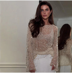 Sequin Knit Sheer Long Sleeve Blouse
