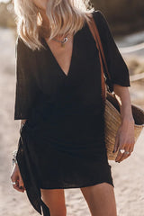 Women’s Wrap Linen Mini Dress – Asymmetrical Hem and Adjustable Fit for Summer