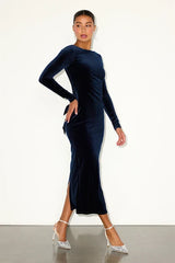 Verity Navy Velvet Backless Long Sleeve Midi Dress