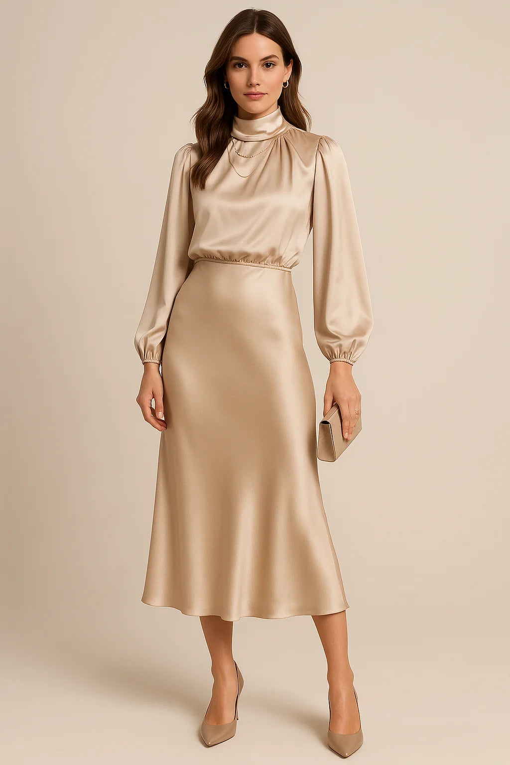 Women’s High Neck Midi Dress – Elegant High Waist Silhouette